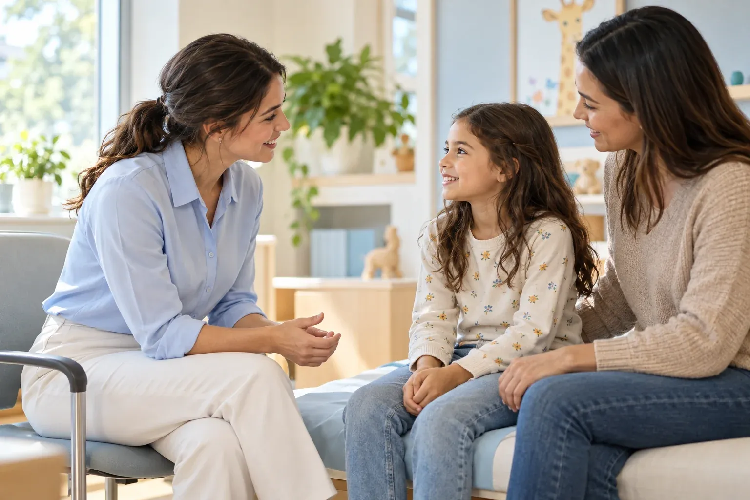 A clinician sharing a warm moment with a child and her parent in a bright consultation room